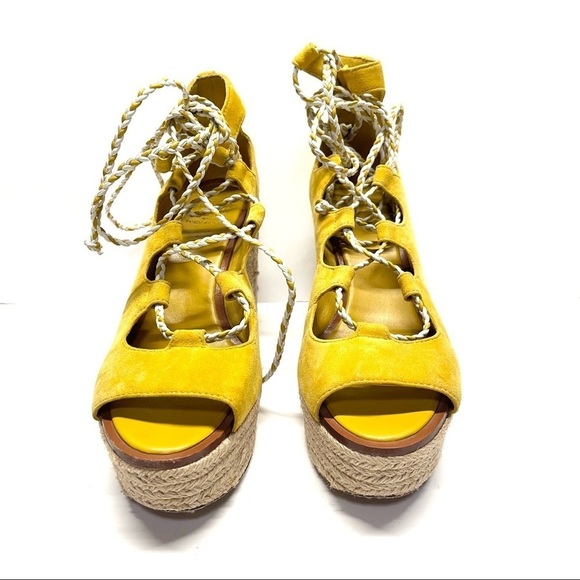Tory Burch Positano Suede Lace-Up Sandals Heels Yellow - Picture 4 of 7